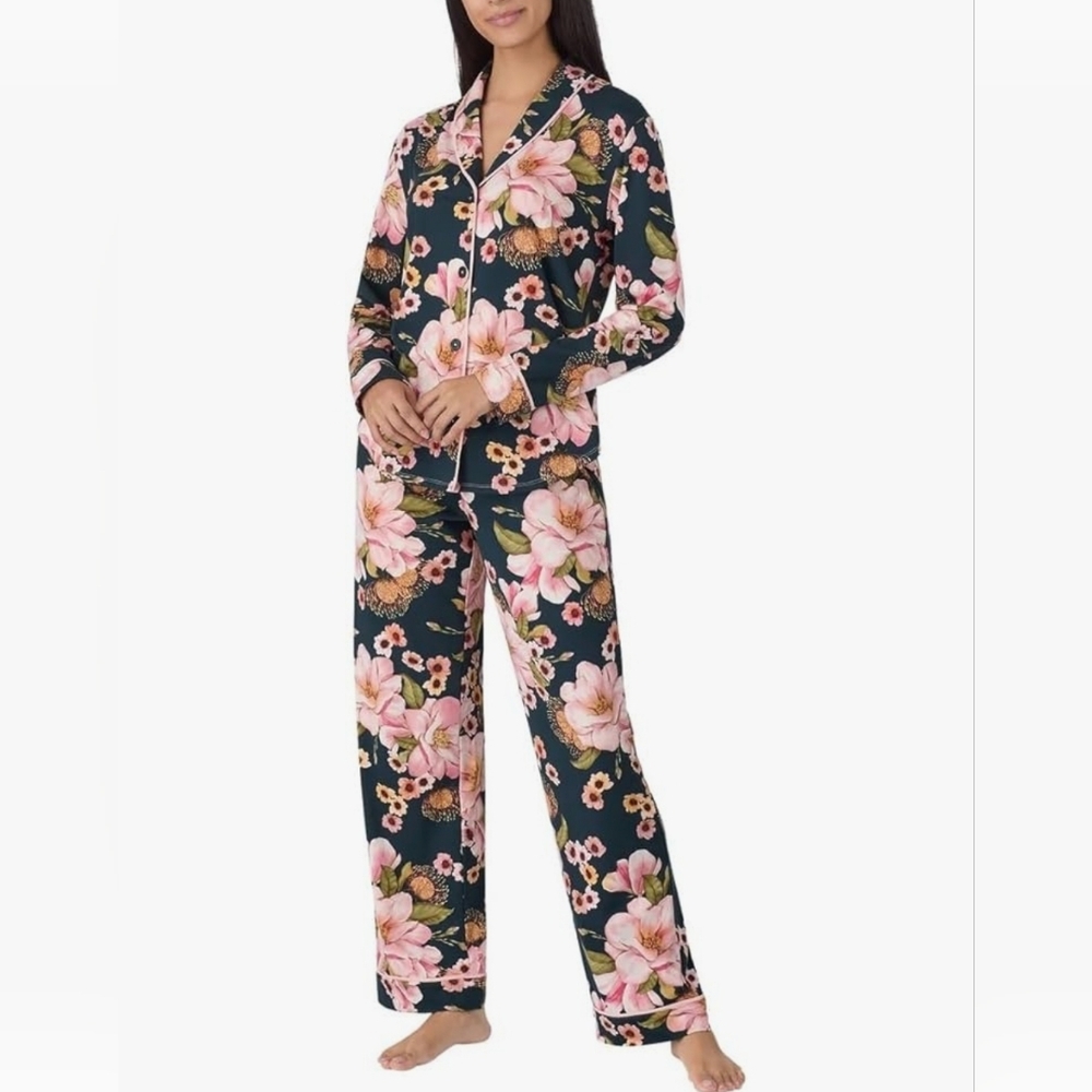 New Room Service Pajama 2 Piece Set Shawl Collar Punk Black Floral Pjs